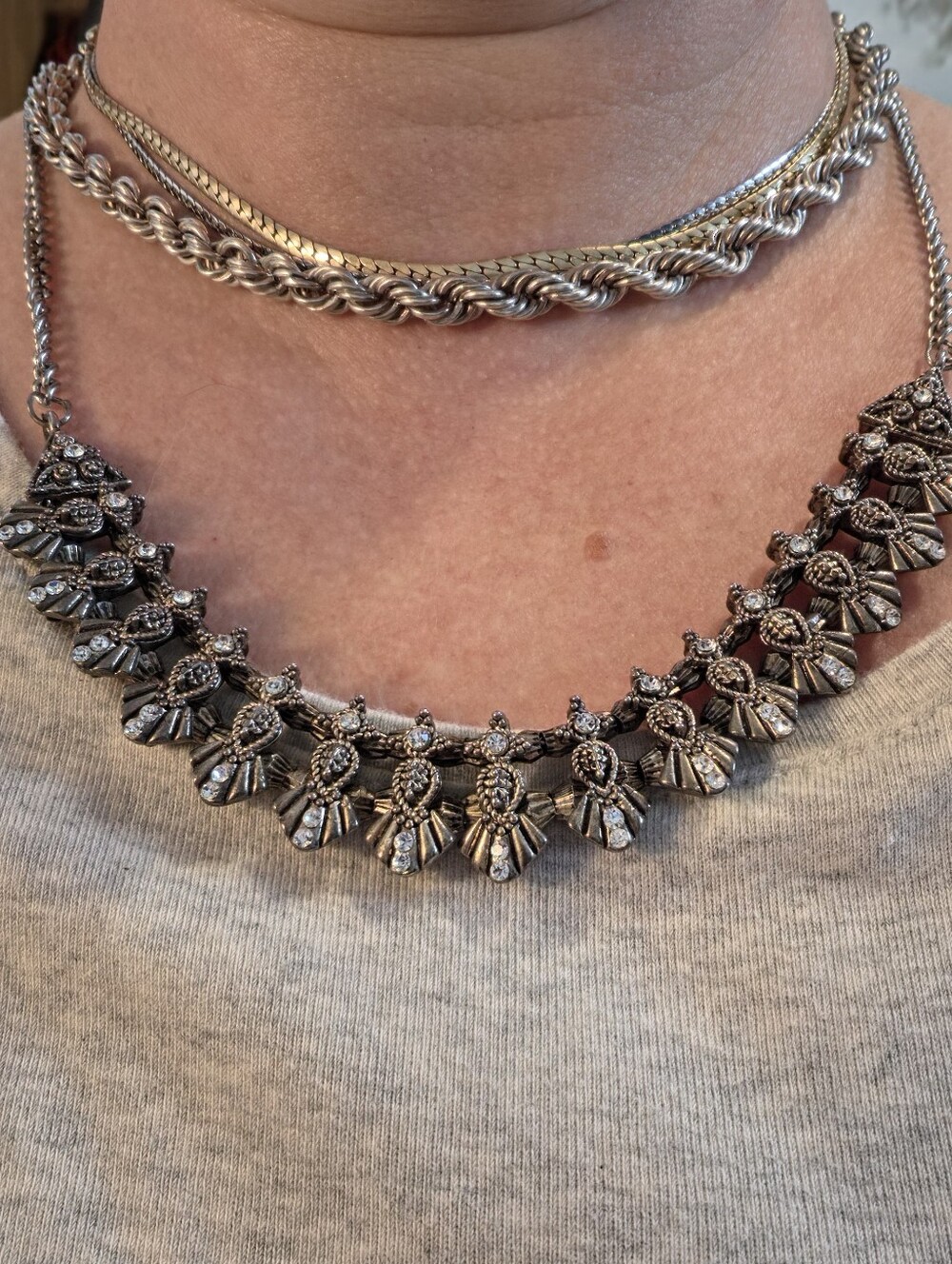 Silver-Tone Statement Bib Necklace - Elegant Floral Motif